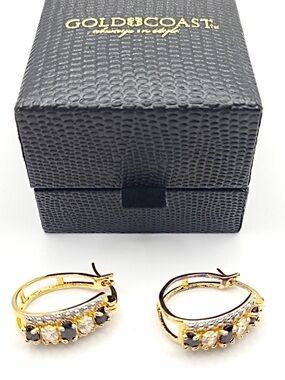 Huggie Hoop Earrings Garnet Zirconia Two Tone Gold Silver